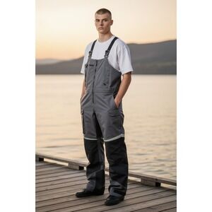 WEST MARINE Mens Third Reef Bib Gray/Black L  Overalls Pockets CLEAN